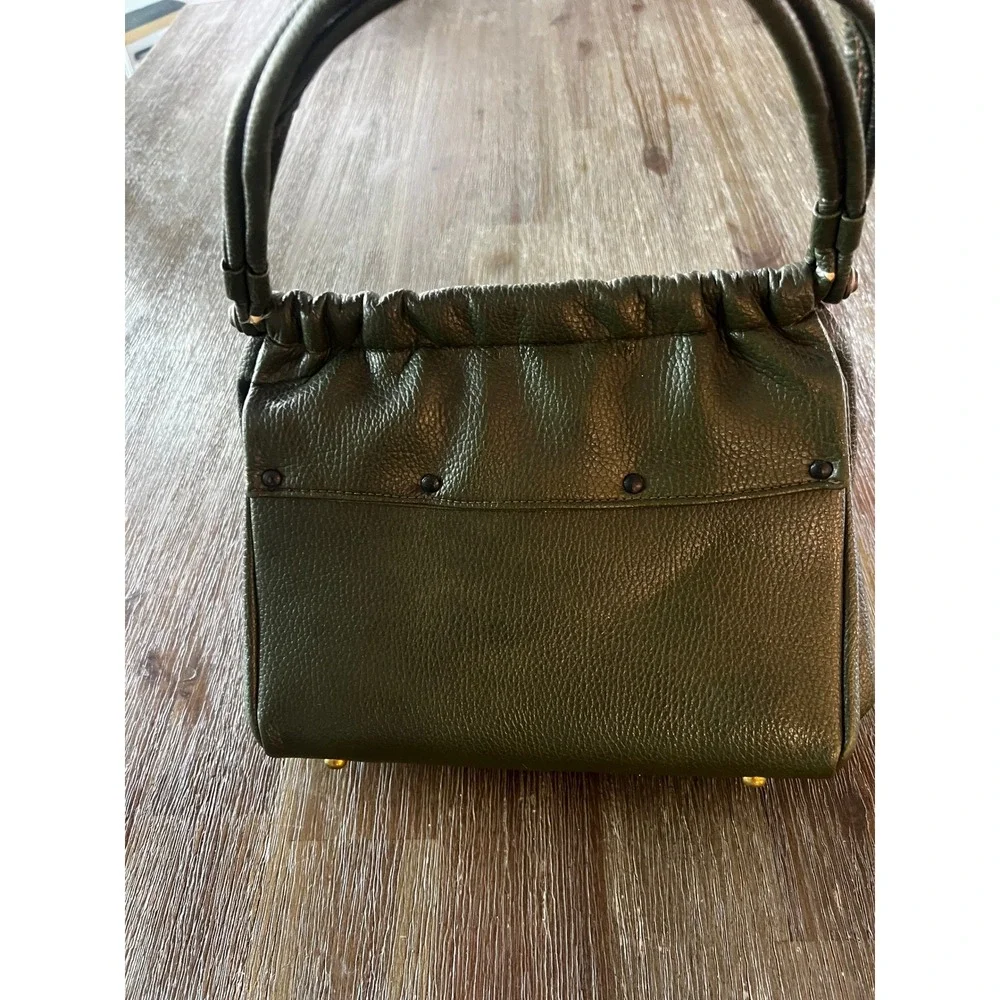 Vintage Pebbled Green Satchel Handbag Brass Turn Lock Top Handle Bag